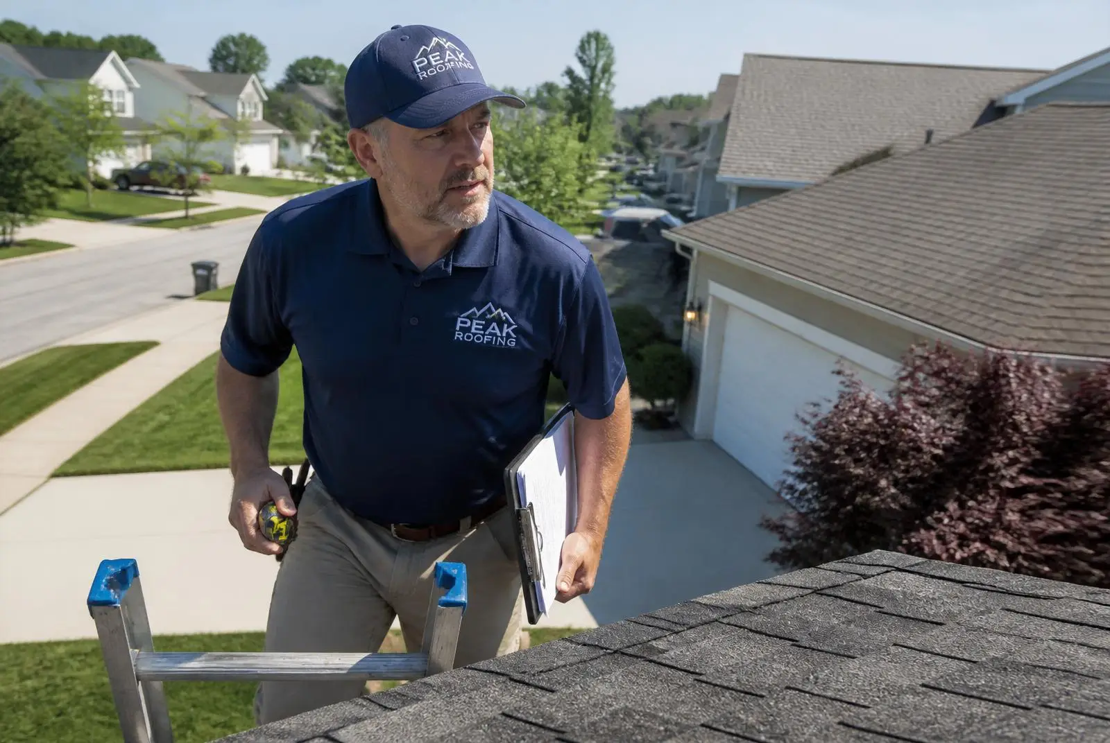 Roofing contractor inspecting an asphalt shingle roof during a scheduled appointment